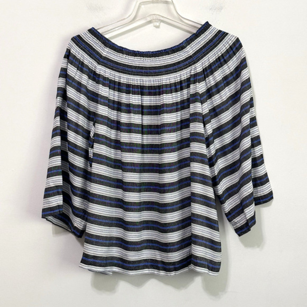 J Jill Off Shoulder Top L Petite Blue Stripe Linen Blend Smocked Neckline Summer
